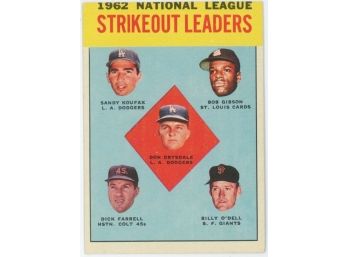 1963 Topps Baseball #9 1962 NL Strikeout Leaders - Koufax, Gibson, Drysdale, Farrell, O'Dell
