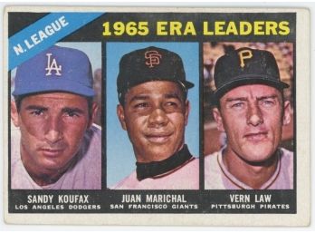 1966 Topps Baseball #221 1965 NL ERA Leaders - Koufax, Marichal, Law