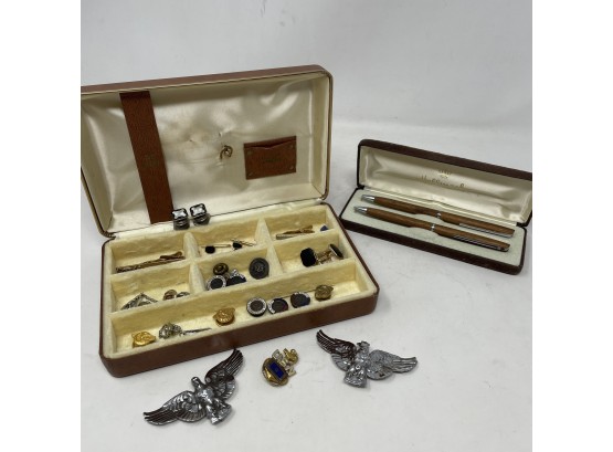 Collection Of Cufflinks And Pins In Dresser Caddy