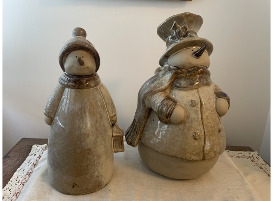 Pair Of Large Ceramic Snowmen 13' And 16'