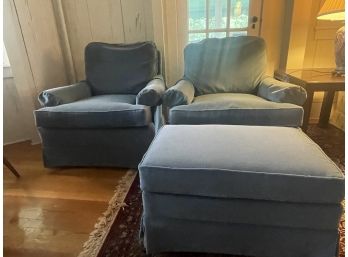Pair Of Blue Upholstered Chairs W/ Ottoman