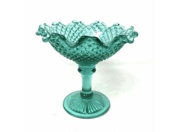 Vintage Green Glass Pedestal Hobnail Compote