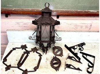 Antique Iron Lot Including Ornate Light Fixture As Pictured