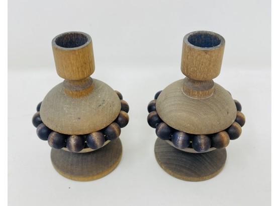 Vintage Wooden Candlestick Holders With Beaded Accent