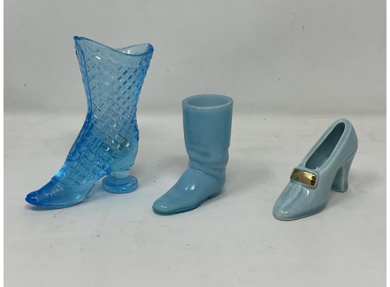 Trio Of Blue Glass And Porcelain Shoes