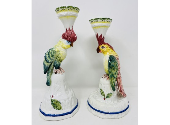 Pair Of Ceramic Parrot Candlestick Holders Marked Tiffany And Co Exclusive