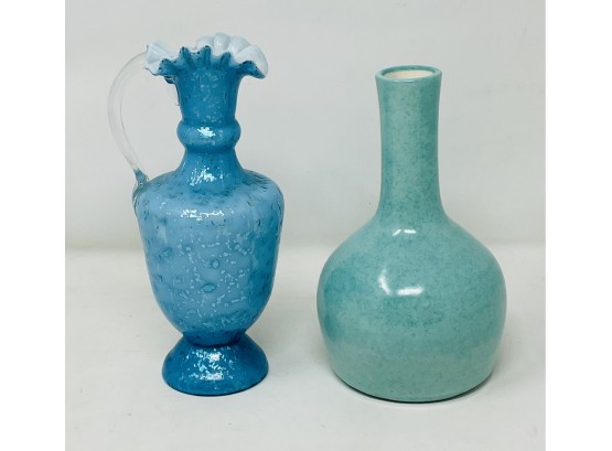 Beautiful Blue Vintage Vase Signed And Ruffle Top Pitcher