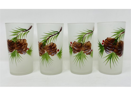 Frosted Glassware With Pinecones - Hand Painted