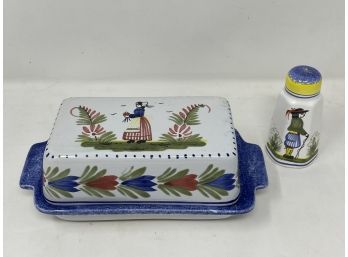 Quimper Faience Pottery Lot With Covered Butter Dish