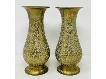 Ornate Etched Brass Bud Vases