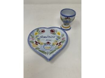 Quimper Faience Pottery Includes Heart Plate And Egg Cup