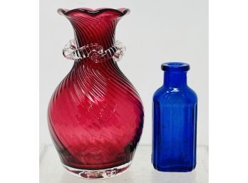 Handblown Cranberry Glass Vase With Cobalt Bottle