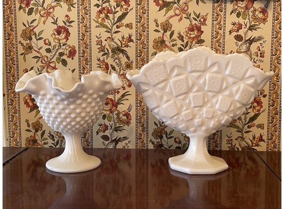 Westmoreland Milk Glass Fan Vase With Hobnail Milk Glass Compote