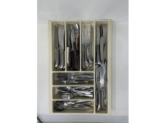Large Assortment Of Stainless Flatware In Flatware Tray