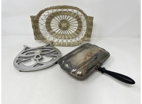 Collection Of Vintage Decor Items Including Pewter Cat Face Trivet And Woven Metal Basket !