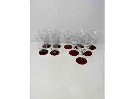 Collection Of Cut Glass Ruby Based Glasses In Two Sizes