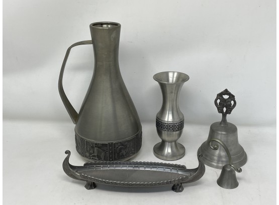 Collection Of Vintage Pewter Including  Pitcher, Bell And Boat !