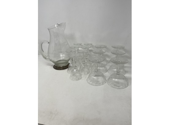 Vintage Pitcher With Etched Glassware