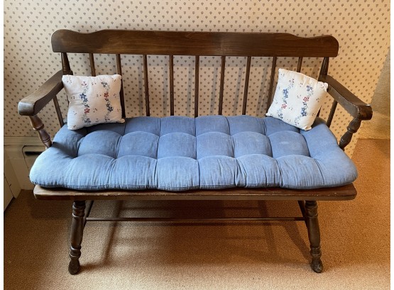 Vintage Wooden Bench With Blue Upholstered Seat Cushion
