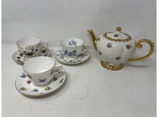 Porcelain Tea Cups And Saucers With Porcelain Teapot Including Staffordshire And Royal Adderley