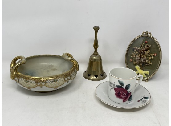 Collection Of Vintage Decor, Including Porcelain Candy Dish And Dried Floral Arrangement