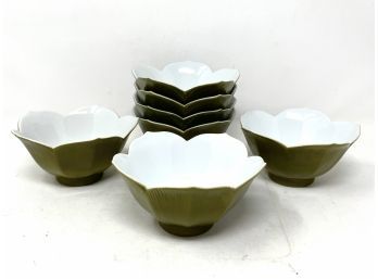 Vintage Porcelain Avocado Green Lotus Bowls