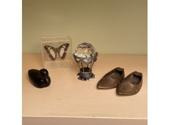 Vintage Home Decor Including Brass Shoes And Hot Air Balloon Paperweight