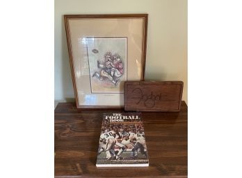 Vintage Lot Including Framed Sports Print, Carved Foghat Plaque And The Football Book
