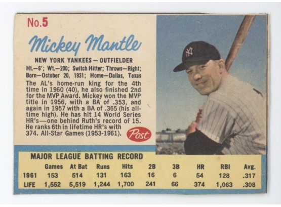 1962 Post Mickey Mantle W/ Ad Back