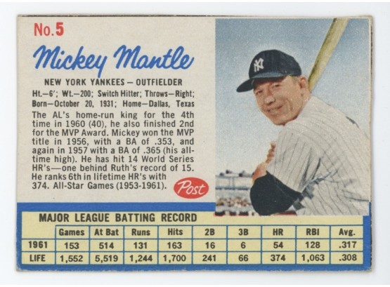 1962 Post Mickey Mantle W/ Blank Back