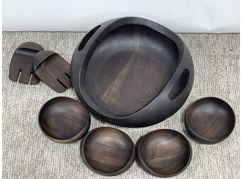 Modern Large  Wooden Salad Bowl Set With (4) Bowls And Claws