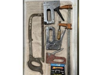 Hand Tools Including Staple Gun, Industrial Clamp And Hand Saw