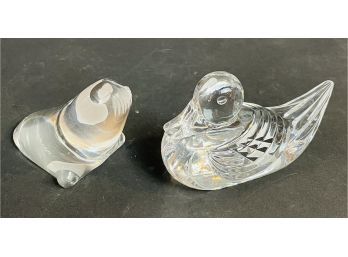Spode Glass Walrus And Waterford Mallard Duck Paperweights