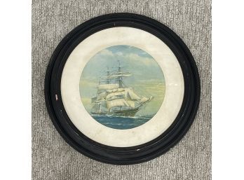 Antique Print Of Ship In Round Wood Frame