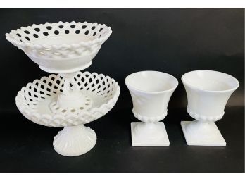 Collection Of Vintage Milk Glass Including Two Compotes And A Pair Of Milk Glass Urns