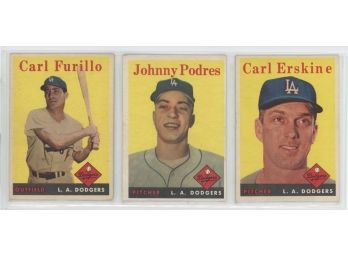 Lot Of (3) 1958 Topps L.A. Dodgers