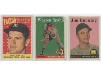 Lot Of (3) 1958 Topps Baseball Cards W/ Spahn And Bunning