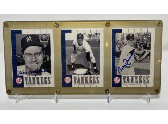 Hank Bauer, Billy Gardner And Bobby Richardson Signed Yankees Baseball Cards In Display