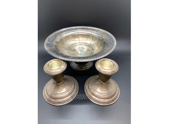 Weighted Sterling Silver Compote And Pair Of Weighted Sterling Silver Candlesticks