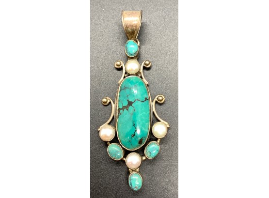 Sterling Silver And Turquoise 3.5 Inch Pendant