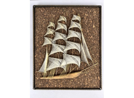 Vintage Cork String Art Of Clipper Ship - Framed