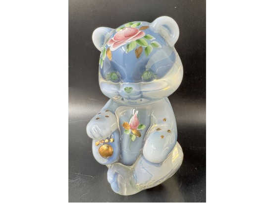 Hand Painted Opalescent Fenton Teddy Bear Paper Weight Signed Roses