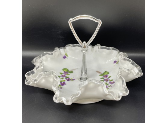 Vintage Fenton Silver Crest Hand Painted Candy Dish W/ Handle