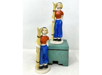 Pair Of Vintage Lady Skier Porcelain Figures Marked Japan