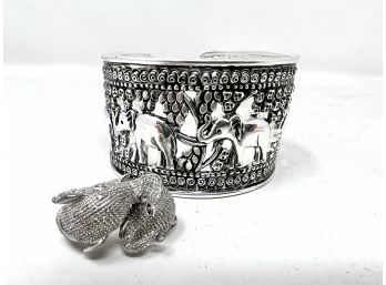 Costume Jewelry Lot 5 - Includes Beautiful Rhinestone Elephant Ring And Elephant Cuff Bracelet
