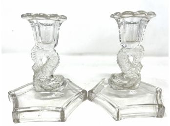 Pair Of Westmoreland Glass Dolphin Candlesticks