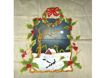 Antique Embroidered Christmas Scene Snow