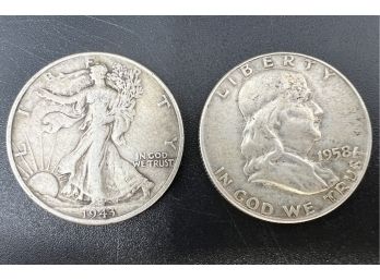 Lot Of 2 Silver Half Dollars Walking Liberty Franklin