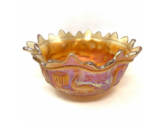 Northwood Dark Marigold Peacock At The Fountain Carnival Glass Fruitbowl