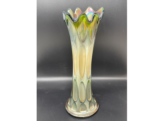 Green Carnival Glass Vase With Ruffled Edge